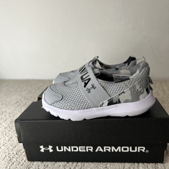 Under Armour BINF Surge 3 Slip PRINT - Boys 5 Toddler Grey Slip on Medium New - Picture 1 of 6